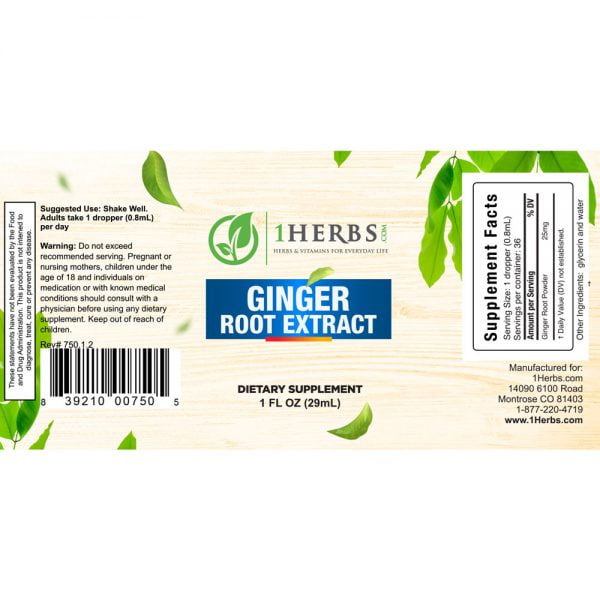 Ginger Root Extract Label shows 1Herbs.com's simple ingredient list for each supplement we sell.