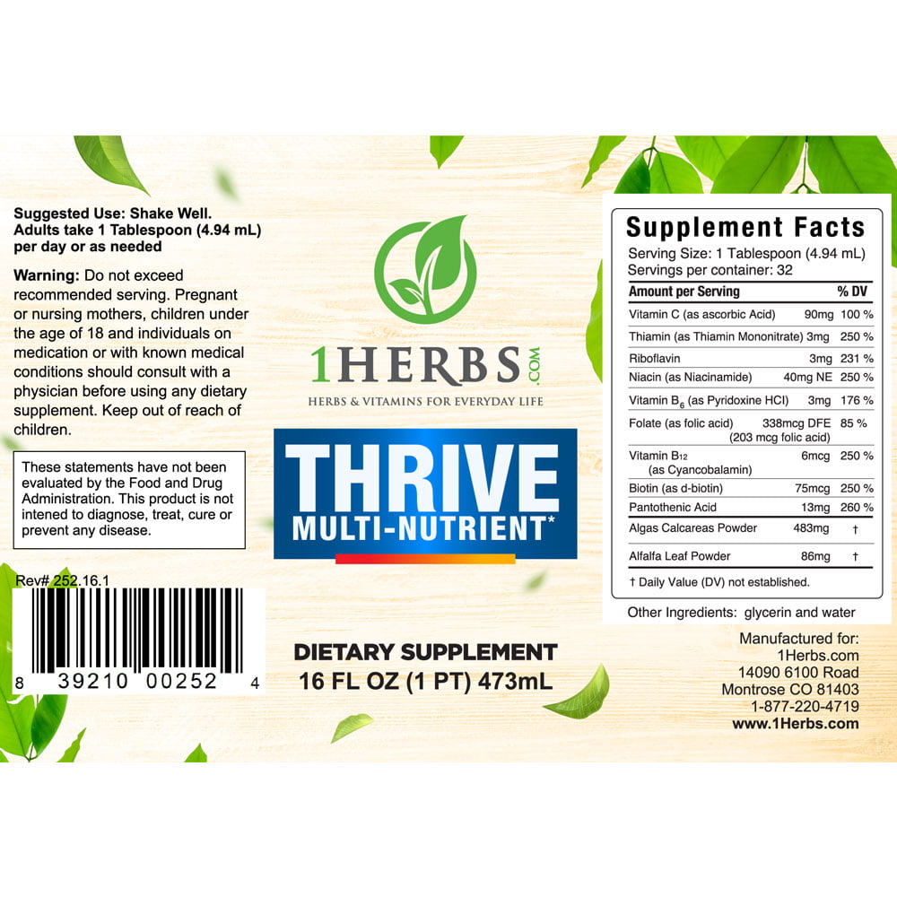 Thrive Multi Vitamin and Herbal Suplement Label